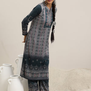 Grey Printed Wool Blend Straight Suit With Dupatta