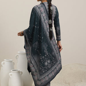 Grey Printed Wool Blend Straight Suit With Dupatta