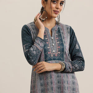 Grey Printed Wool Blend Straight Suit With Dupatta