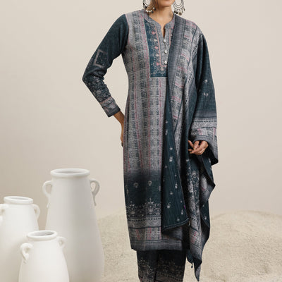 Grey Printed Wool Blend Straight Suit With Dupatta