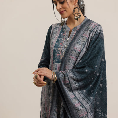 Grey Printed Wool Blend Straight Suit With Dupatta