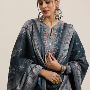 Grey Printed Wool Blend Straight Suit With Dupatta