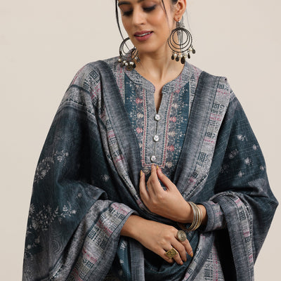 Grey Printed Wool Blend Straight Suit With Dupatta