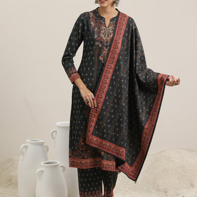 Grey Printed Wool Blend Straight Suit With Dupatta