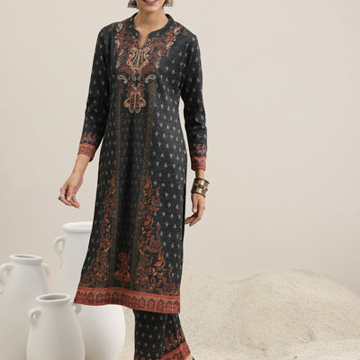 Grey Printed Wool Blend Straight Suit With Dupatta