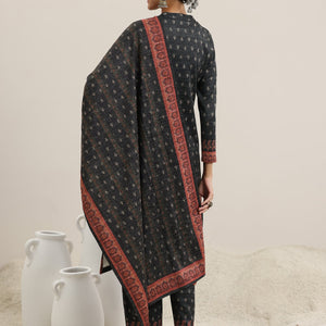 Grey Printed Wool Blend Straight Suit With Dupatta