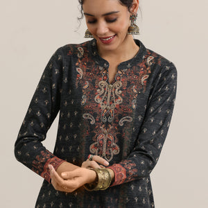 Grey Printed Wool Blend Straight Suit With Dupatta