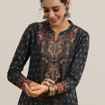 Grey Printed Wool Blend Straight Suit With Dupatta