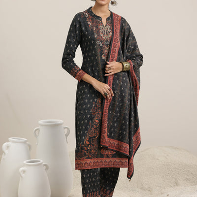 Grey Printed Wool Blend Straight Suit With Dupatta