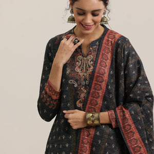 Grey Printed Wool Blend Straight Suit With Dupatta