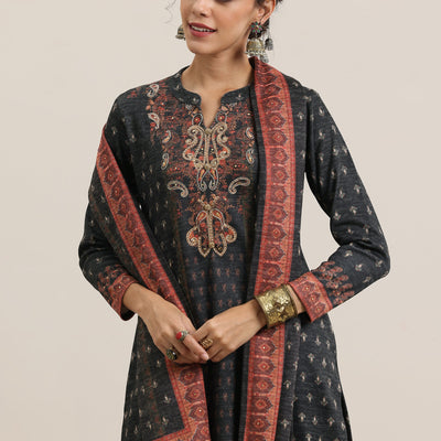 Grey Printed Wool Blend Straight Suit With Dupatta