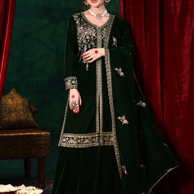 Green Embroidered Velvet Straight Suit With Dupatta