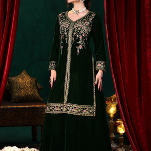 Green Embroidered Velvet Straight Suit With Dupatta
