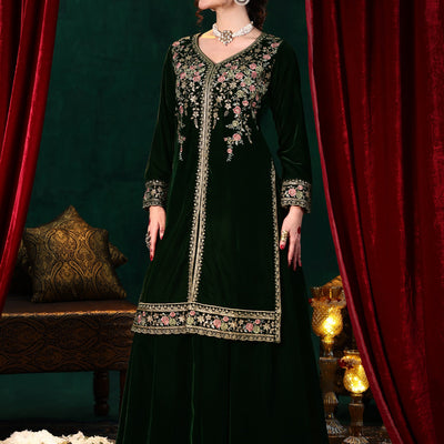 Green Embroidered Velvet Straight Suit With Dupatta