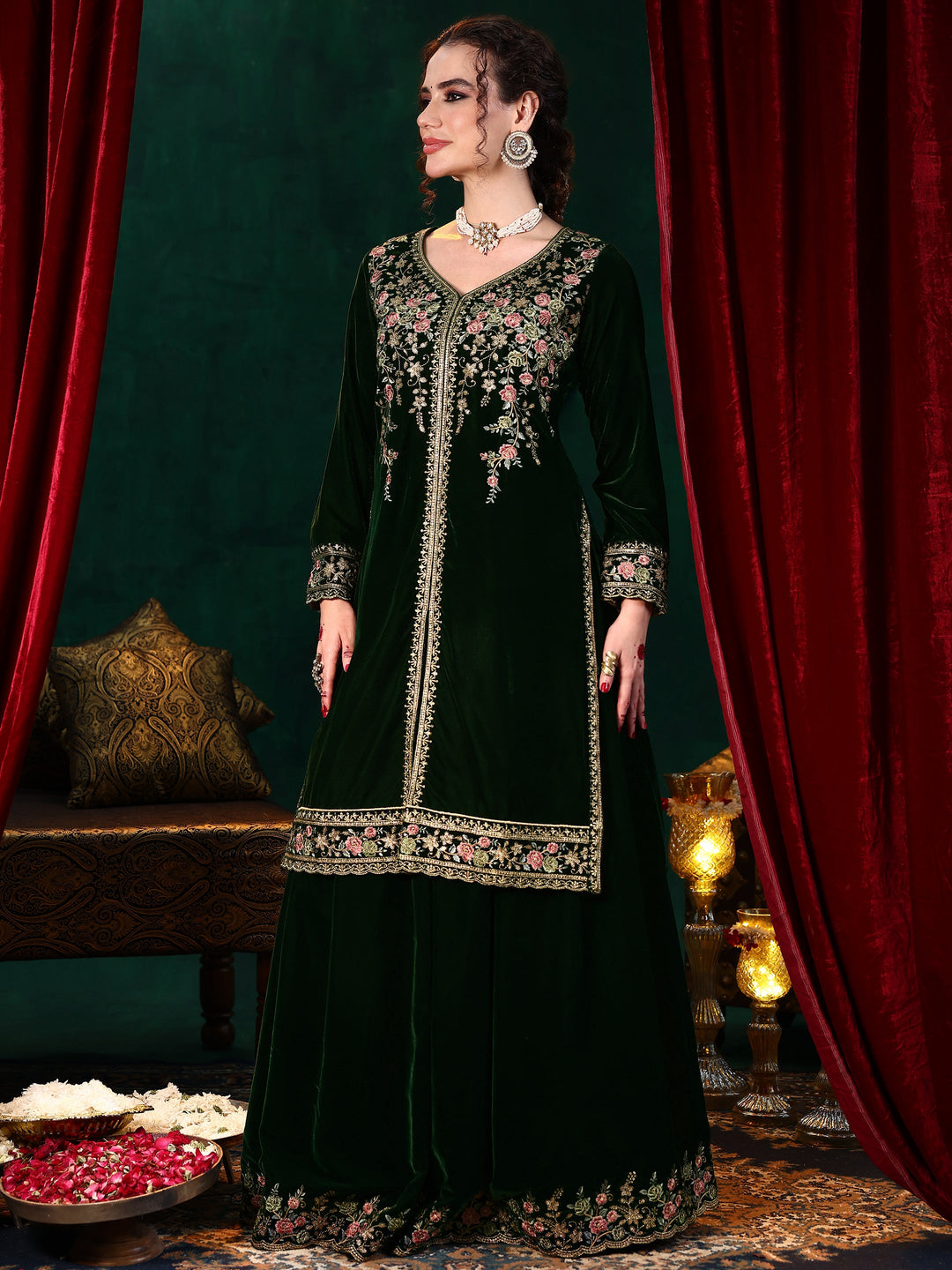 Green Embroidered Velvet Straight Suit With Dupatta