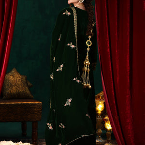 Green Embroidered Velvet Straight Suit With Dupatta