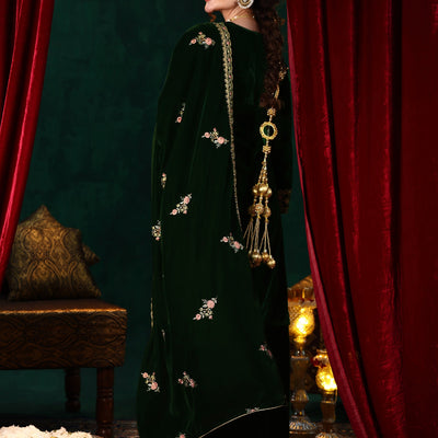 Green Embroidered Velvet Straight Suit With Dupatta
