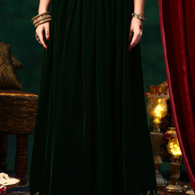 Green Embroidered Velvet Straight Suit With Dupatta
