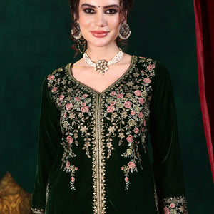 Green Embroidered Velvet Straight Suit With Dupatta
