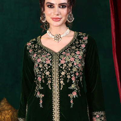 Green Embroidered Velvet Straight Suit With Dupatta