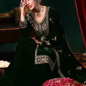 Green Embroidered Velvet Straight Suit With Dupatta
