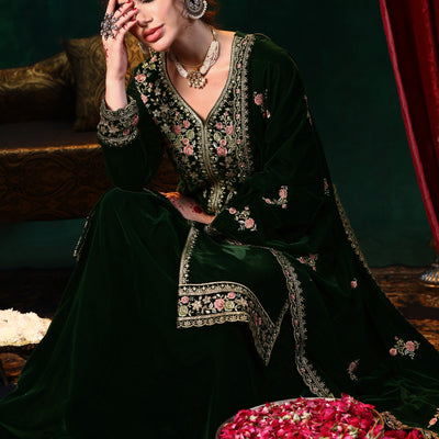Green Embroidered Velvet Straight Suit With Dupatta