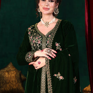 Green Embroidered Velvet Straight Suit With Dupatta