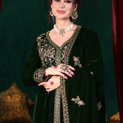 Green Embroidered Velvet Straight Suit With Dupatta