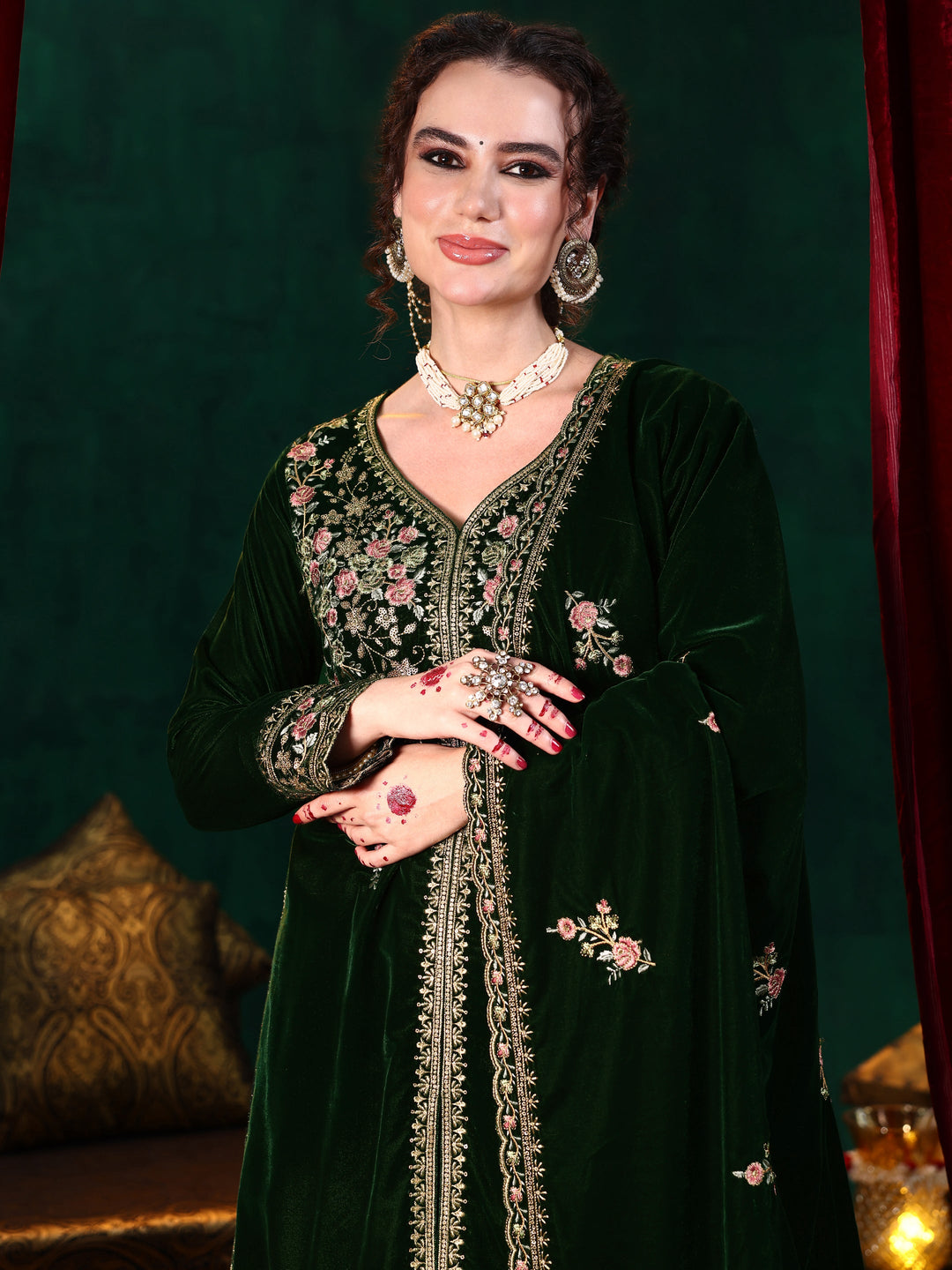 Green Embroidered Velvet Straight Suit With Dupatta