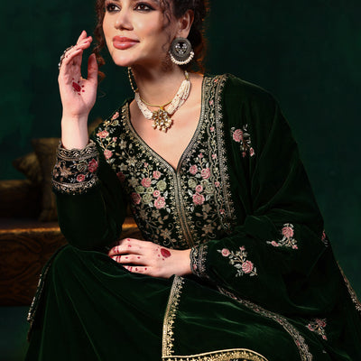 Green Embroidered Velvet Straight Suit With Dupatta