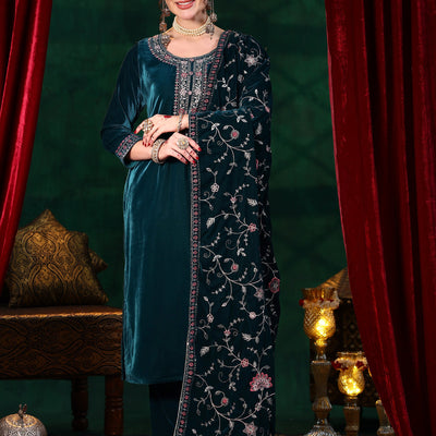 Blue Yoke Design Velvet Straight Suit With Dupatta