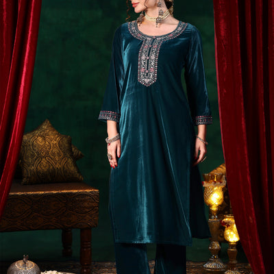 Blue Yoke Design Velvet Straight Suit With Dupatta