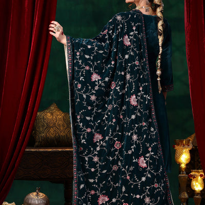 Blue Yoke Design Velvet Straight Suit With Dupatta