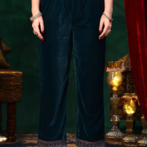 Blue Yoke Design Velvet Straight Suit With Dupatta