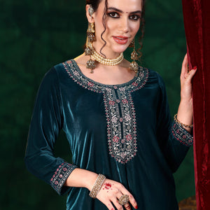 Blue Yoke Design Velvet Straight Suit With Dupatta