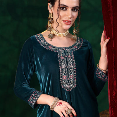 Blue Yoke Design Velvet Straight Suit With Dupatta