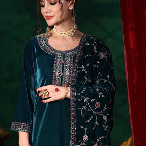 Blue Yoke Design Velvet Straight Suit With Dupatta