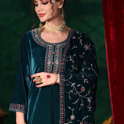Blue Yoke Design Velvet Straight Suit With Dupatta