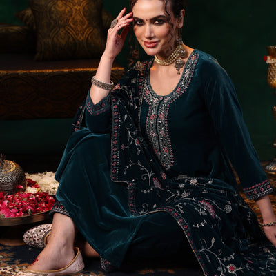 Blue Yoke Design Velvet Straight Suit With Dupatta