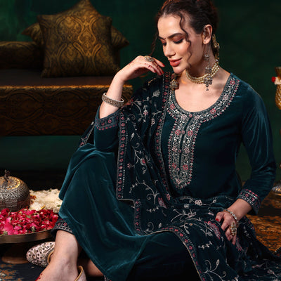 Blue Yoke Design Velvet Straight Suit With Dupatta