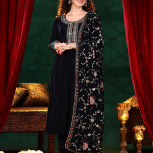 Blue Yoke Design Velvet Straight Suit With Dupatta