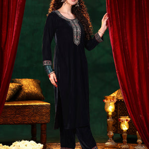 Blue Yoke Design Velvet Straight Suit With Dupatta