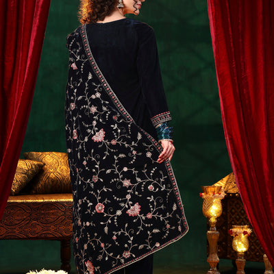 Blue Yoke Design Velvet Straight Suit With Dupatta