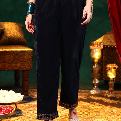 Blue Yoke Design Velvet Straight Suit With Dupatta