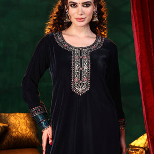 Blue Yoke Design Velvet Straight Suit With Dupatta