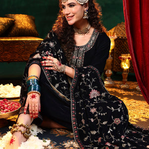 Blue Yoke Design Velvet Straight Suit With Dupatta