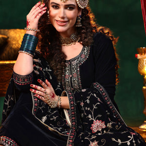 Blue Yoke Design Velvet Straight Suit With Dupatta