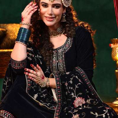 Blue Yoke Design Velvet Straight Suit With Dupatta