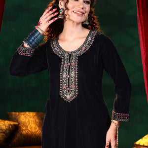 Blue Yoke Design Velvet Straight Suit With Dupatta