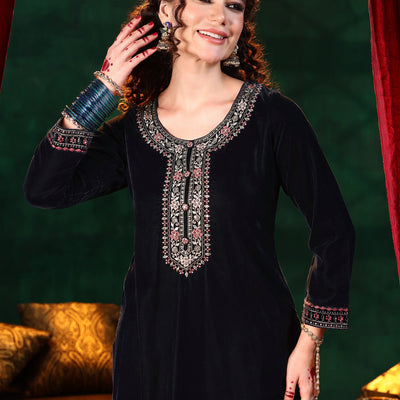 Blue Yoke Design Velvet Straight Suit With Dupatta